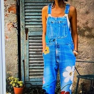 MISSLOOK  Denim Overalls Large painted flowers - PRE OWNED